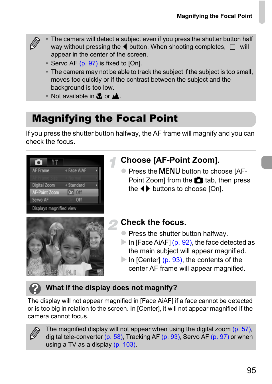 Magnifying the focal point, Choose [af-point zoom, Check the focus | Canon A3350 IS User Manual | Page 95 / 201
