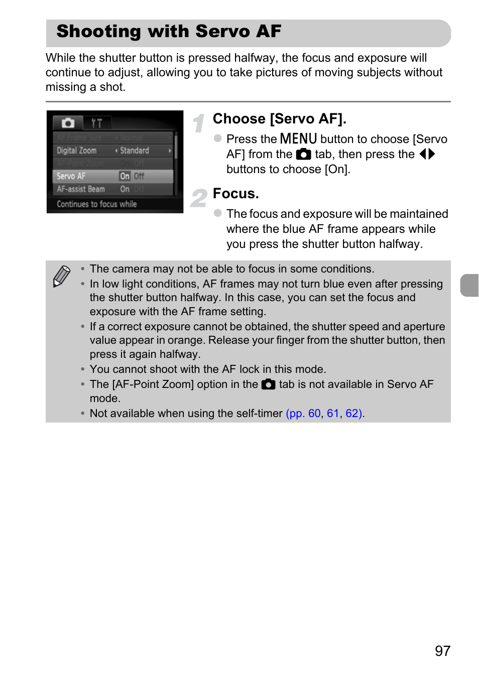 Shooting with servo af, P. 97), Choose [servo af | Focus | Canon A3350 IS User Manual | Page 97 / 201