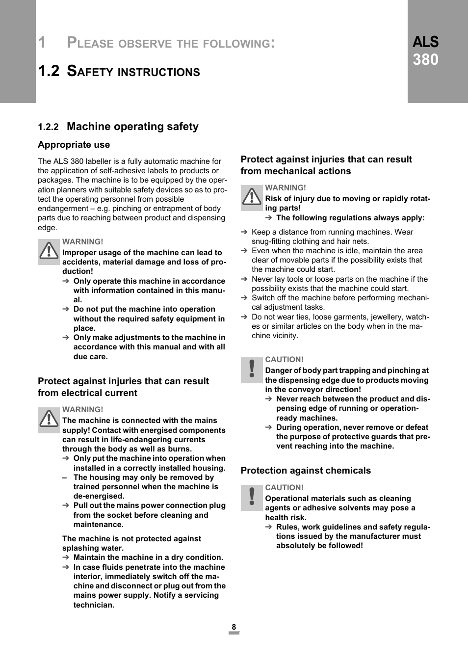 2 machine operating safety, Appropriate use, Protection against chemicals | Als 380, Lease, Observe, Following, Afety, Instructions, Machine operating safety | Avery Dennison ALS 380 User Manual | Page 10 / 90