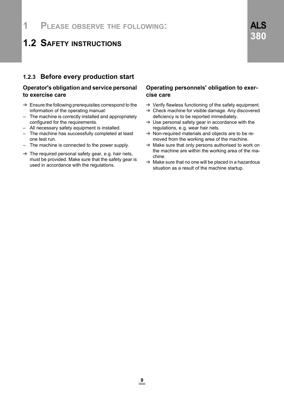 3 before every production start, Operating personnels' obligation to exercise care, Als 380 | Avery Dennison ALS 380 User Manual | Page 11 / 90