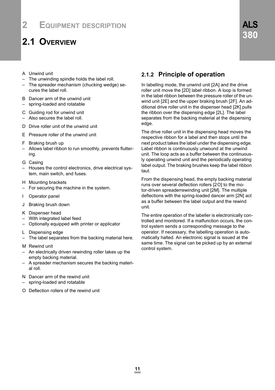 2 principle of operation, Als 380, Quipment | Description, Verview, Principle of operation | Avery Dennison ALS 380 User Manual | Page 13 / 90