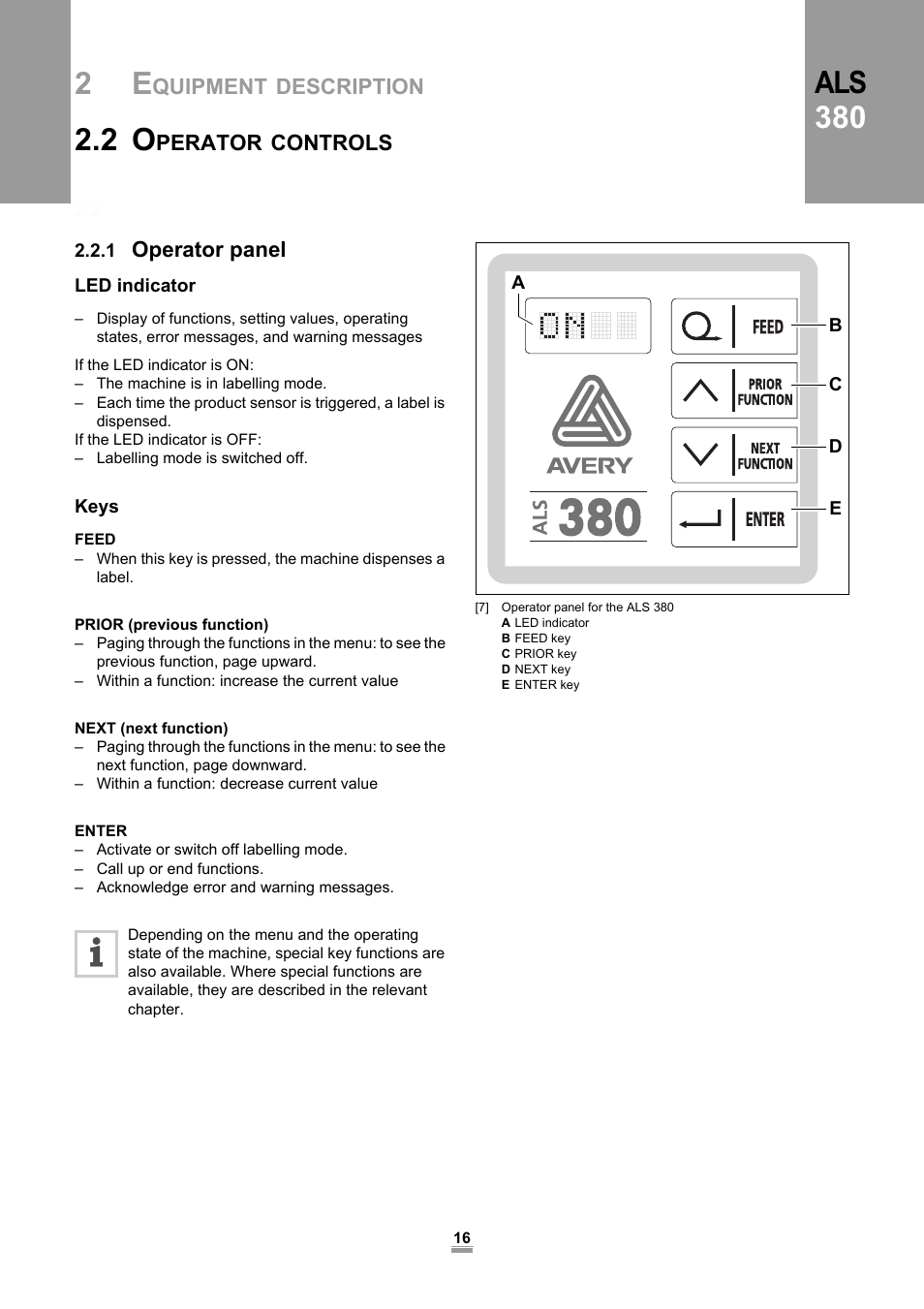 2 operator controls, 1 operator panel, Led indicator | Keys, Led indicator keys, Als 380 | Avery Dennison ALS 380 User Manual | Page 18 / 90