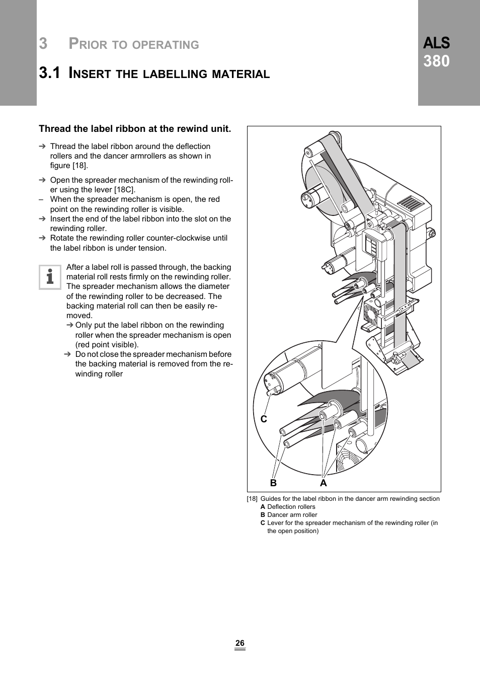 Thread the label ribbon at the rewind unit, Als 380 | Avery Dennison ALS 380 User Manual | Page 28 / 90