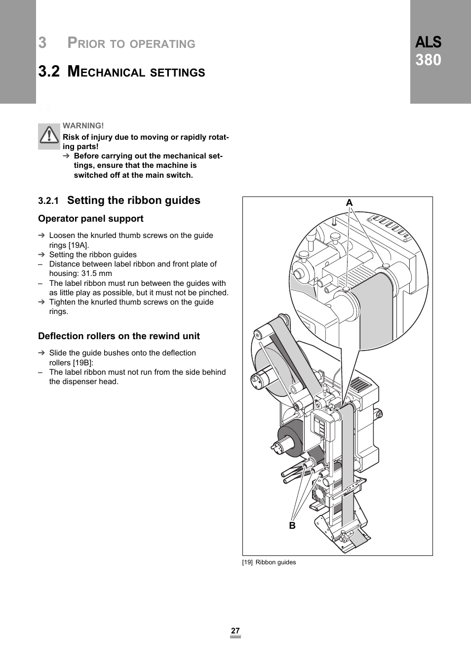 2 mechanical settings, 1 setting the ribbon guides, Operator panel support | Deflection rollers on the rewind unit, 2 mechanical, Settings, Als 380 | Avery Dennison ALS 380 User Manual | Page 29 / 90