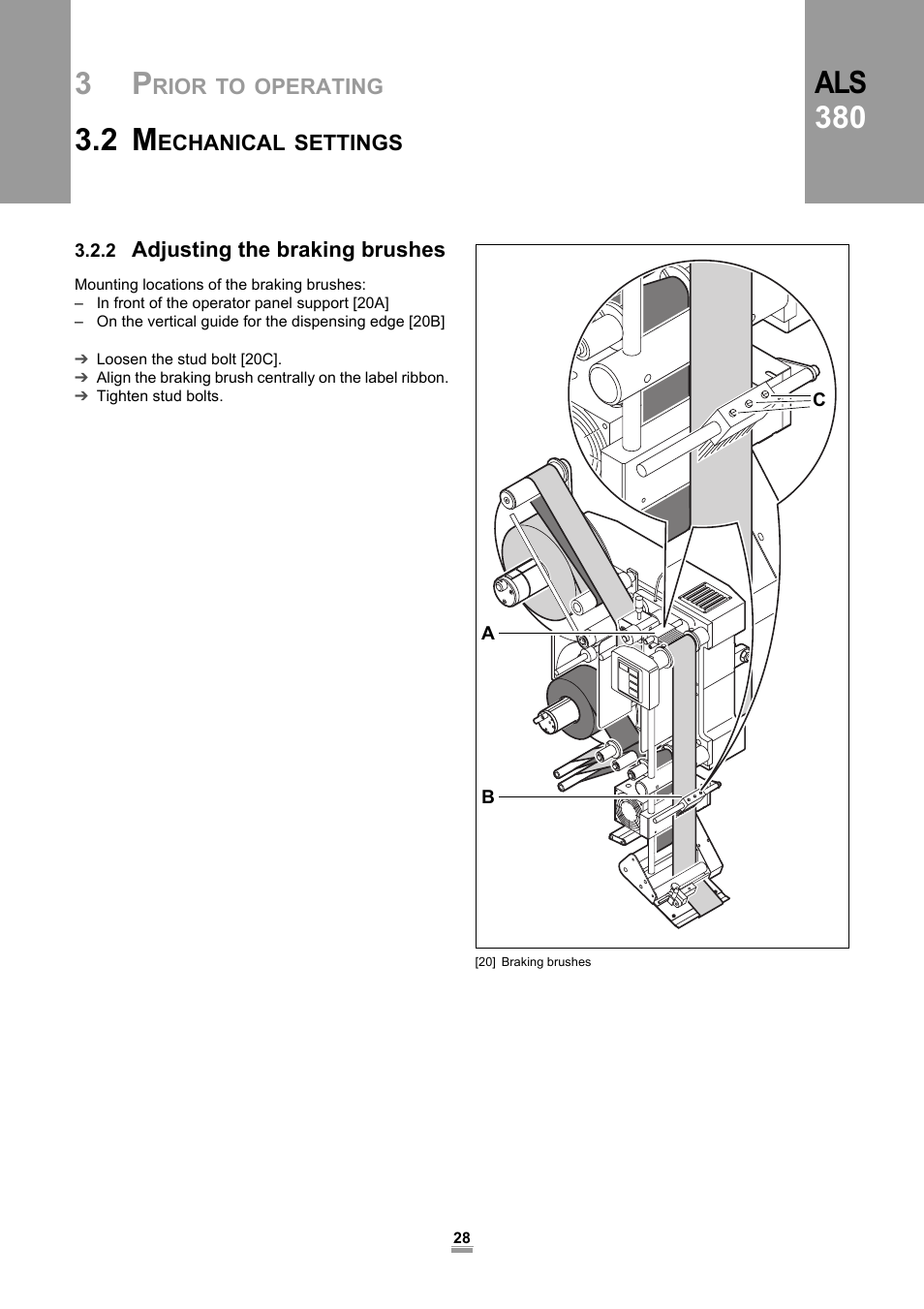 2 adjusting the braking brushes, Als 380 | Avery Dennison ALS 380 User Manual | Page 30 / 90