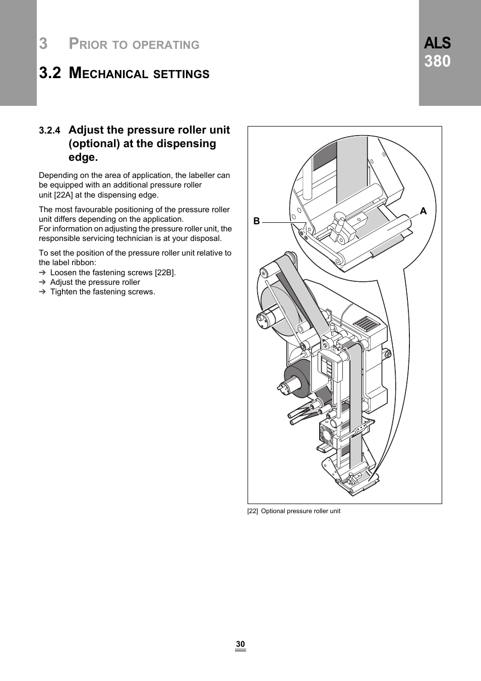 4 adjust the pressure roller unit (optional) at, The dispensing edge, Als 380 | Avery Dennison ALS 380 User Manual | Page 32 / 90