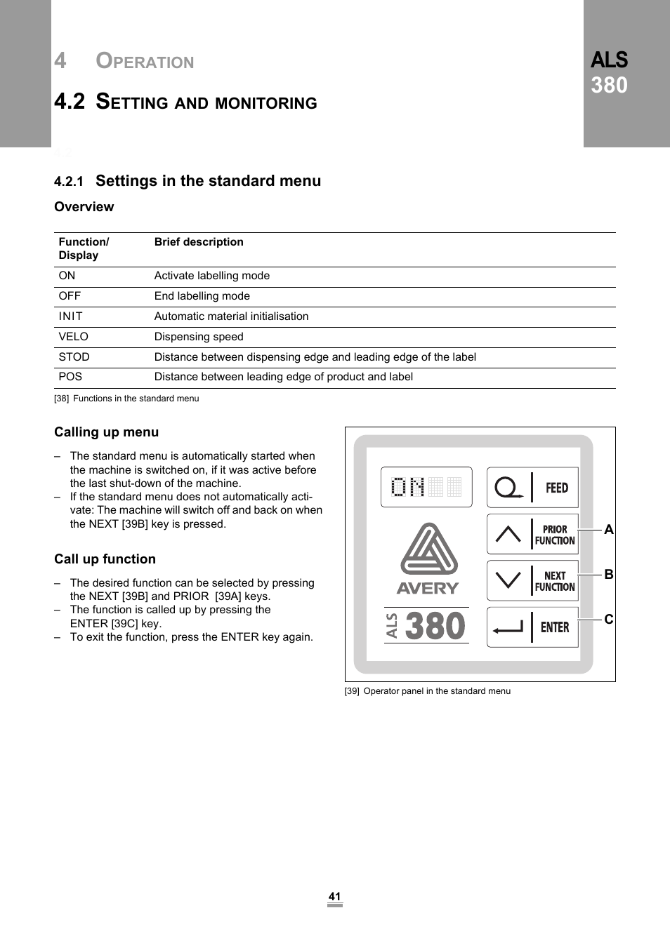 2 setting and monitoring, 1 settings in the standard menu, Overview | Calling up menu, Call up function, Overview calling up menu call up function, Als 380 | Avery Dennison ALS 380 User Manual | Page 43 / 90