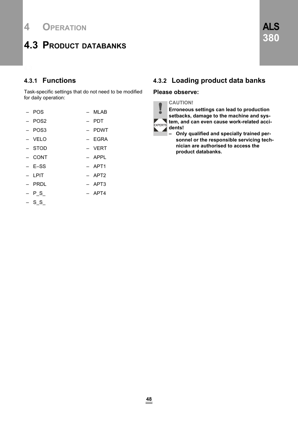 3 product databanks, 1 functions, 2 loading product data banks | Please observe, 1 functions 4.3.2 loading product data banks, Als 380 | Avery Dennison ALS 380 User Manual | Page 50 / 90