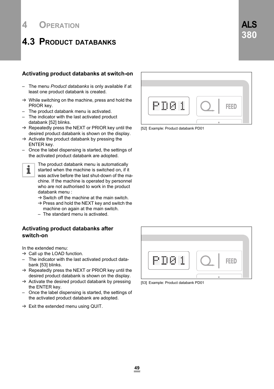 Activating product databanks at switch-on, Activating product databanks after switch-on, Als 380 | Peration, Roduct, Databanks | Avery Dennison ALS 380 User Manual | Page 51 / 90