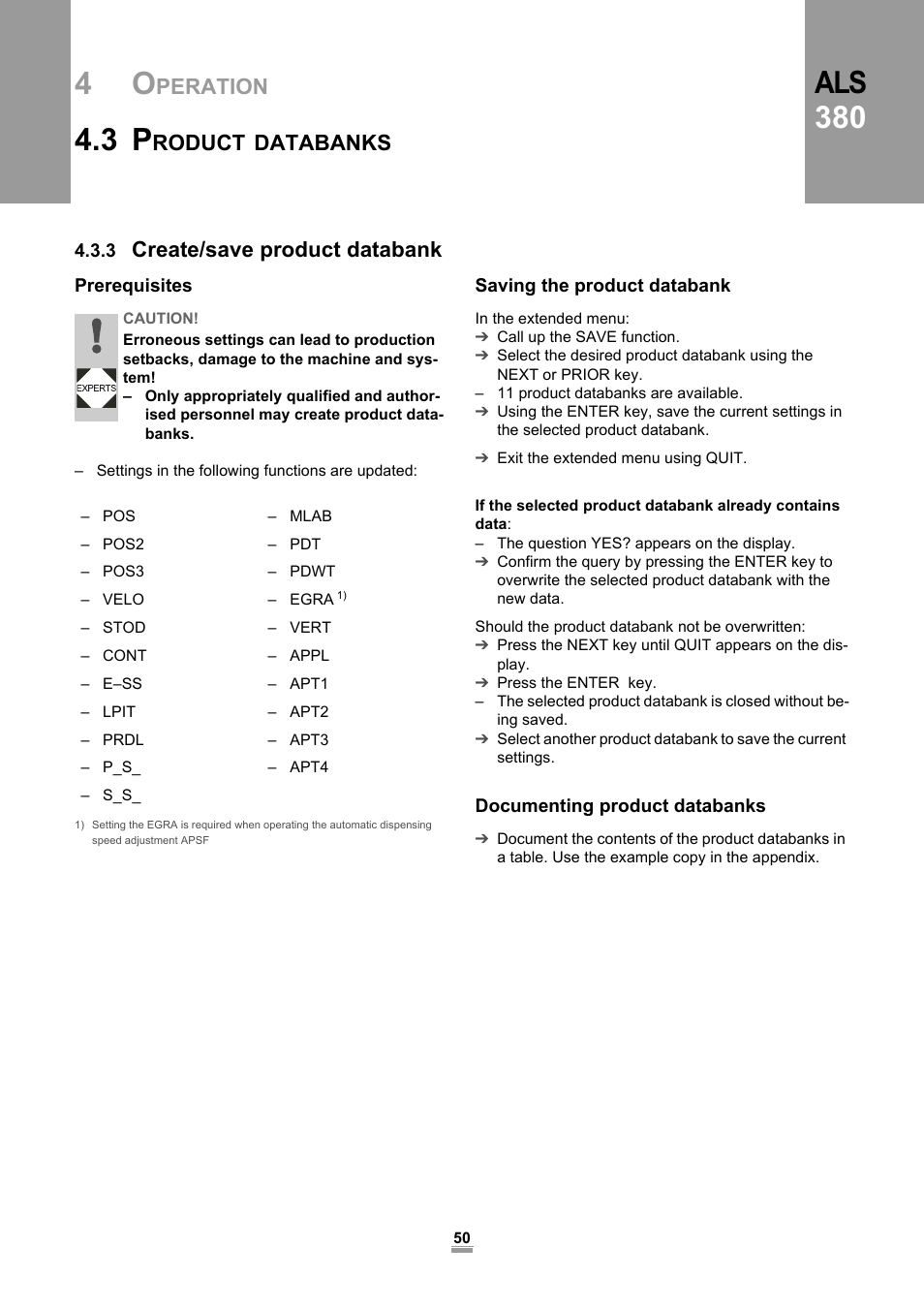 3 create/save product databank, Prerequisites, Saving the product databank | Documenting product databanks, Als 380, Peration, Roduct, Databanks, Create/save product databank | Avery Dennison ALS 380 User Manual | Page 52 / 90