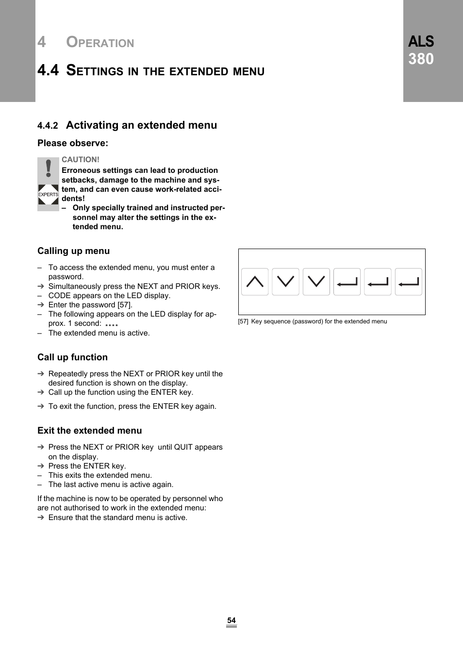 2 activating an extended menu, Please observe, Calling up menu | Call up function, Exit the extended menu, Als 380 | Avery Dennison ALS 380 User Manual | Page 56 / 90