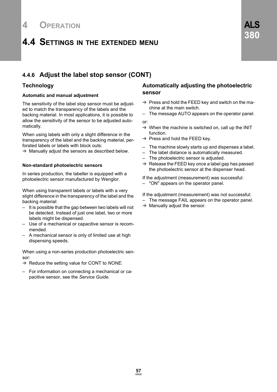 6 adjust the label stop sensor (cont), Technology, Automatically adjusting the photoelectric sensor | Als 380 | Avery Dennison ALS 380 User Manual | Page 59 / 90