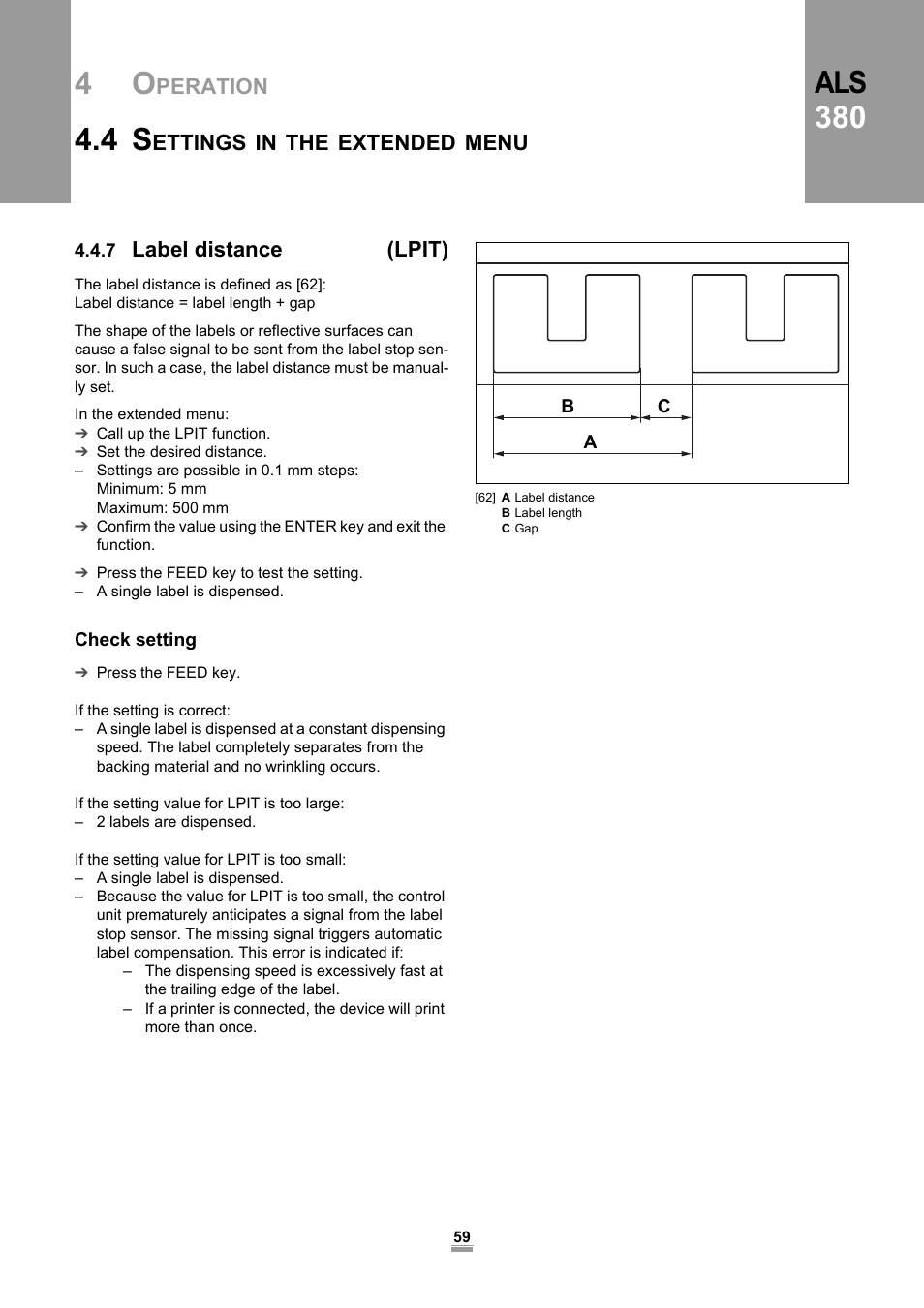 7 label distance (lpit), Check setting, Als 380 | Avery Dennison ALS 380 User Manual | Page 61 / 90