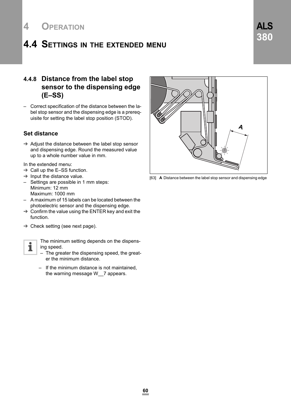 Set distance, 8 distance from the label stop sensor to the dis, Pensing edge (e–ss) set distance | Als 380 | Avery Dennison ALS 380 User Manual | Page 62 / 90