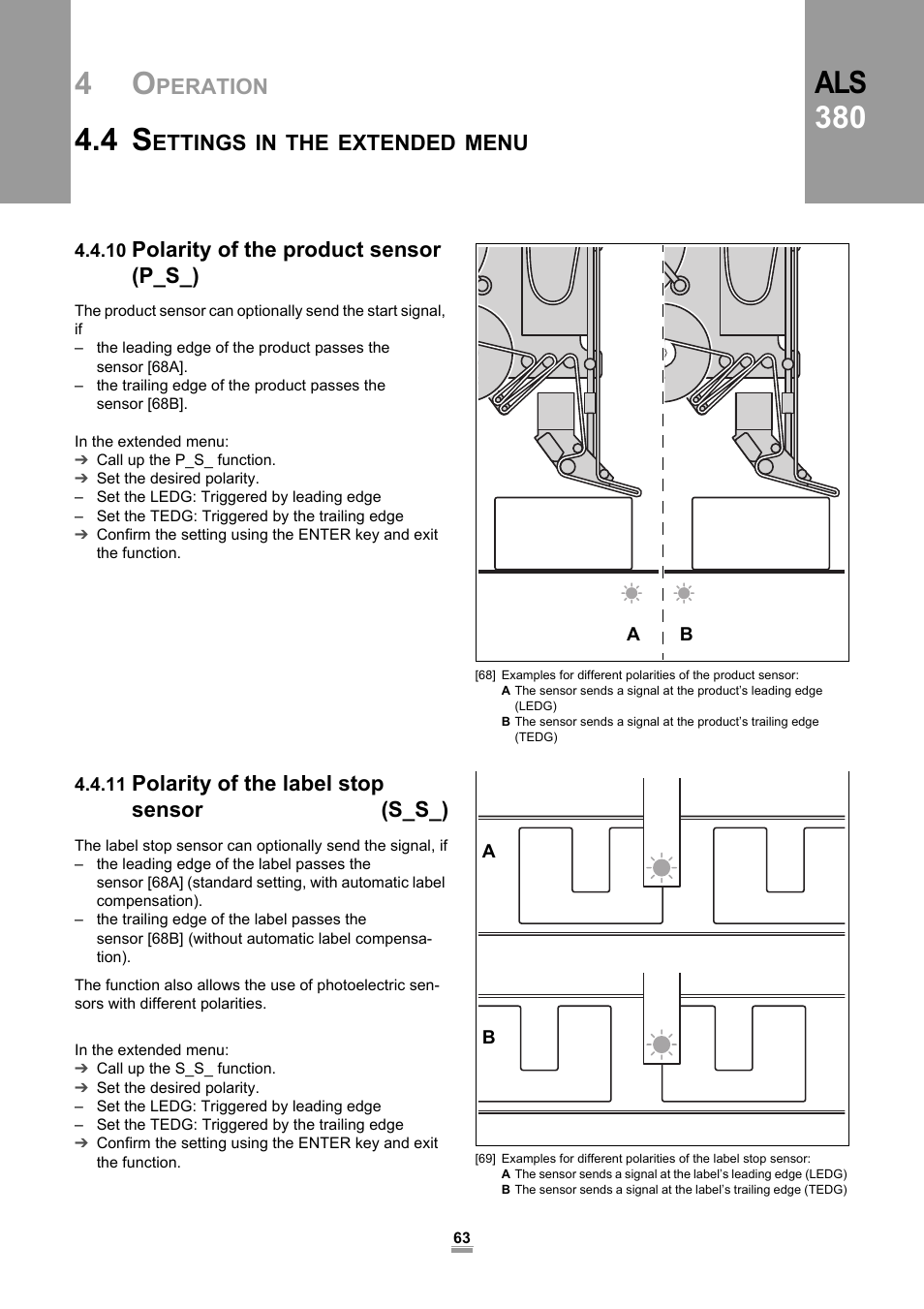 10 polarity of the product sensor (p_s_), 11 polarity of the label stop sensor (s_s_), Als 380 | Avery Dennison ALS 380 User Manual | Page 65 / 90