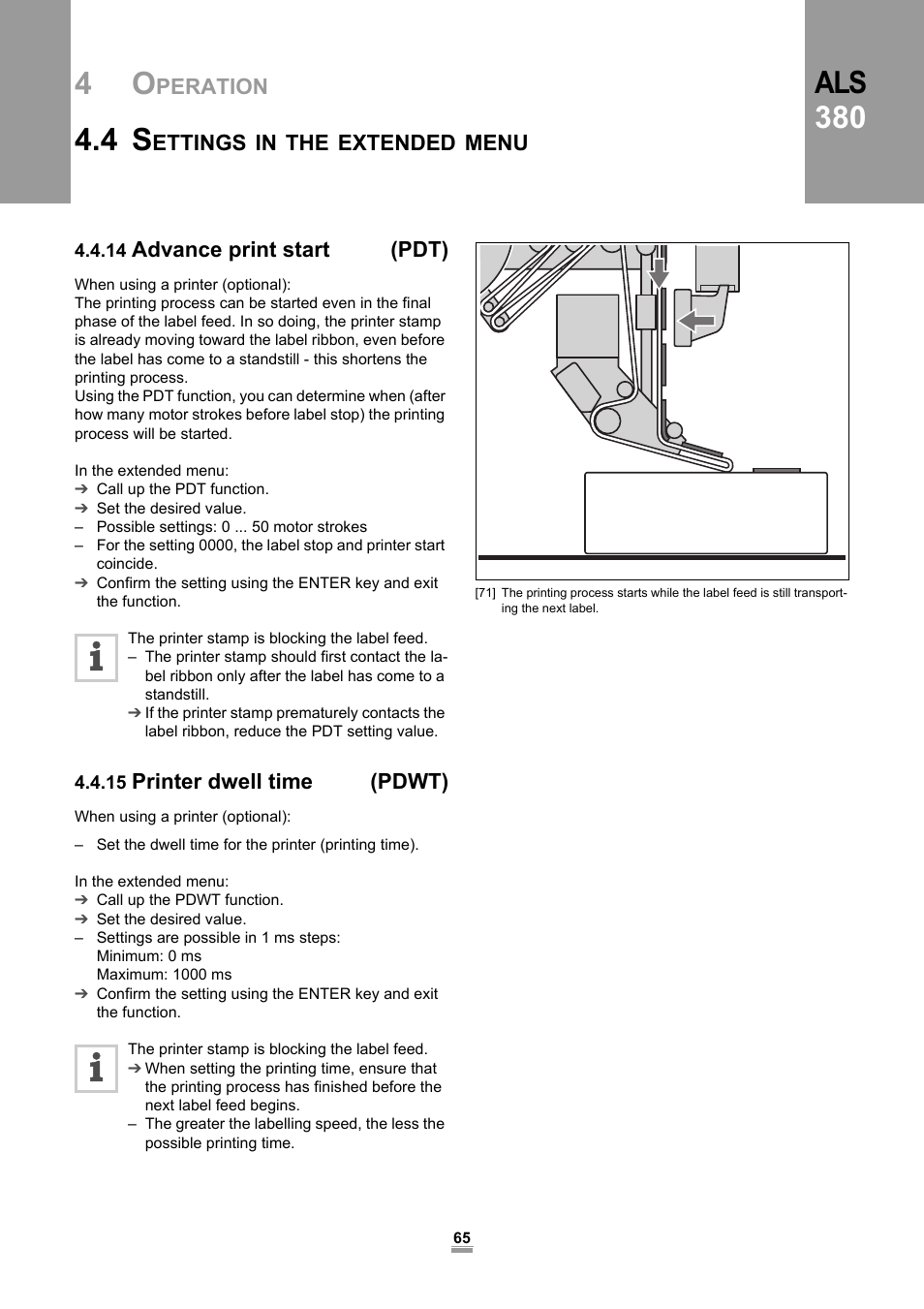 14 advance print start (pdt), 15 printer dwell time (pdwt), Als 380 | Avery Dennison ALS 380 User Manual | Page 67 / 90