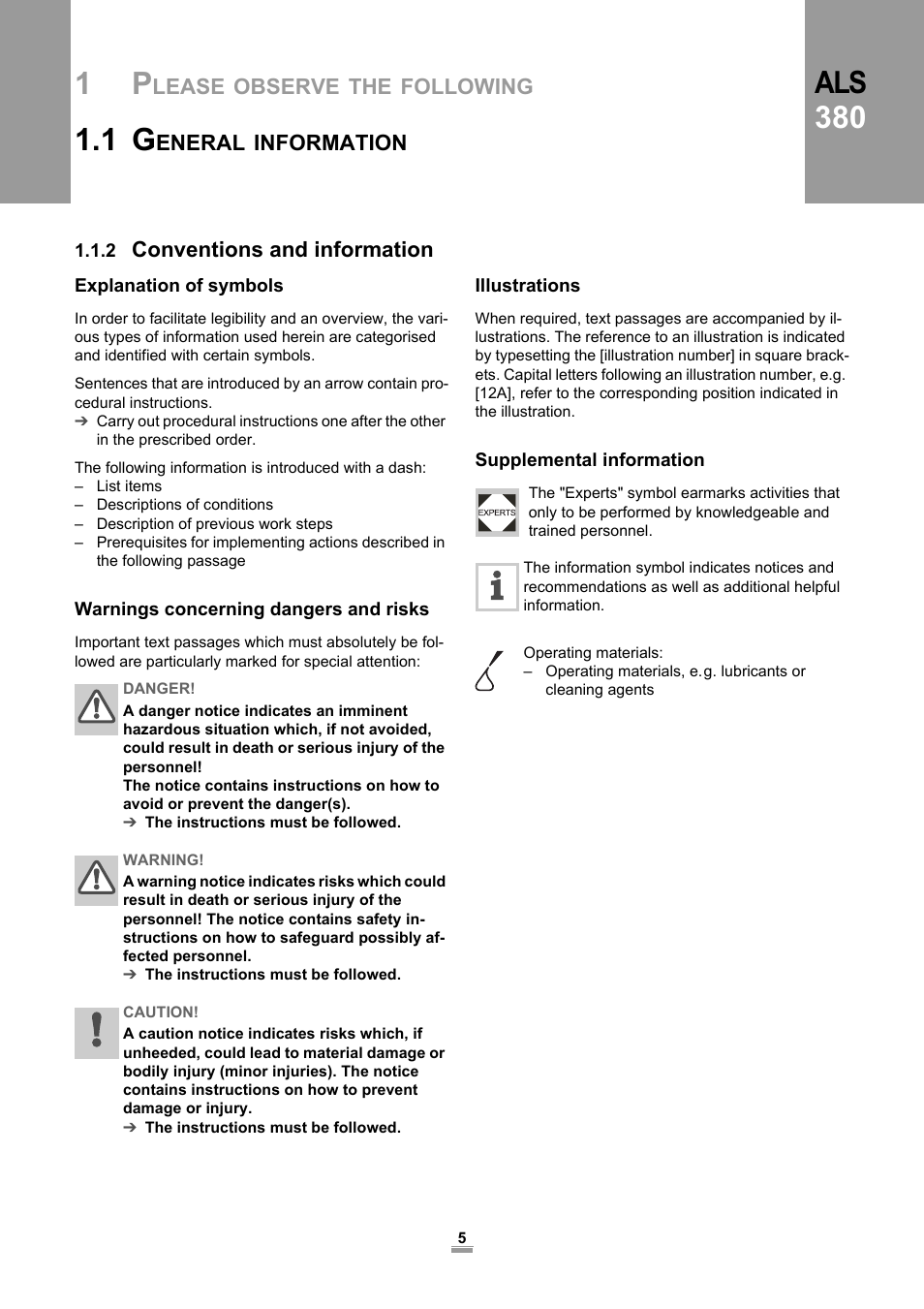 2 conventions and information, Explanation of symbols, Warnings concerning dangers and risks | Illustrations, Supplemental information, Als 380 | Avery Dennison ALS 380 User Manual | Page 7 / 90