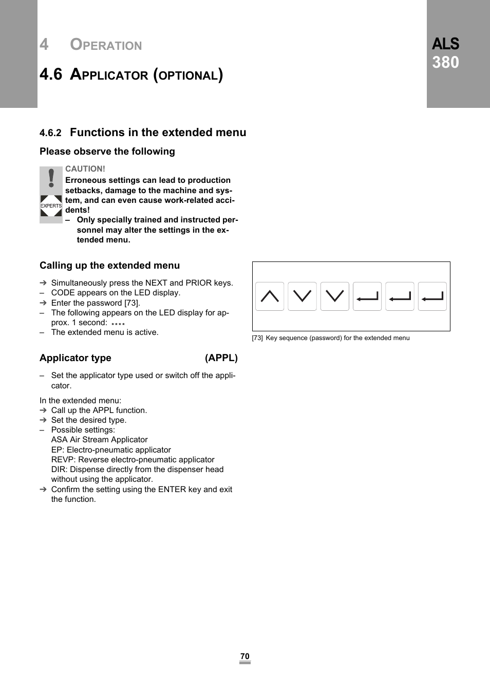 2 functions in the extended menu, Please observe the following, Calling up the extended menu | Applicator type (appl), Als 380 | Avery Dennison ALS 380 User Manual | Page 72 / 90