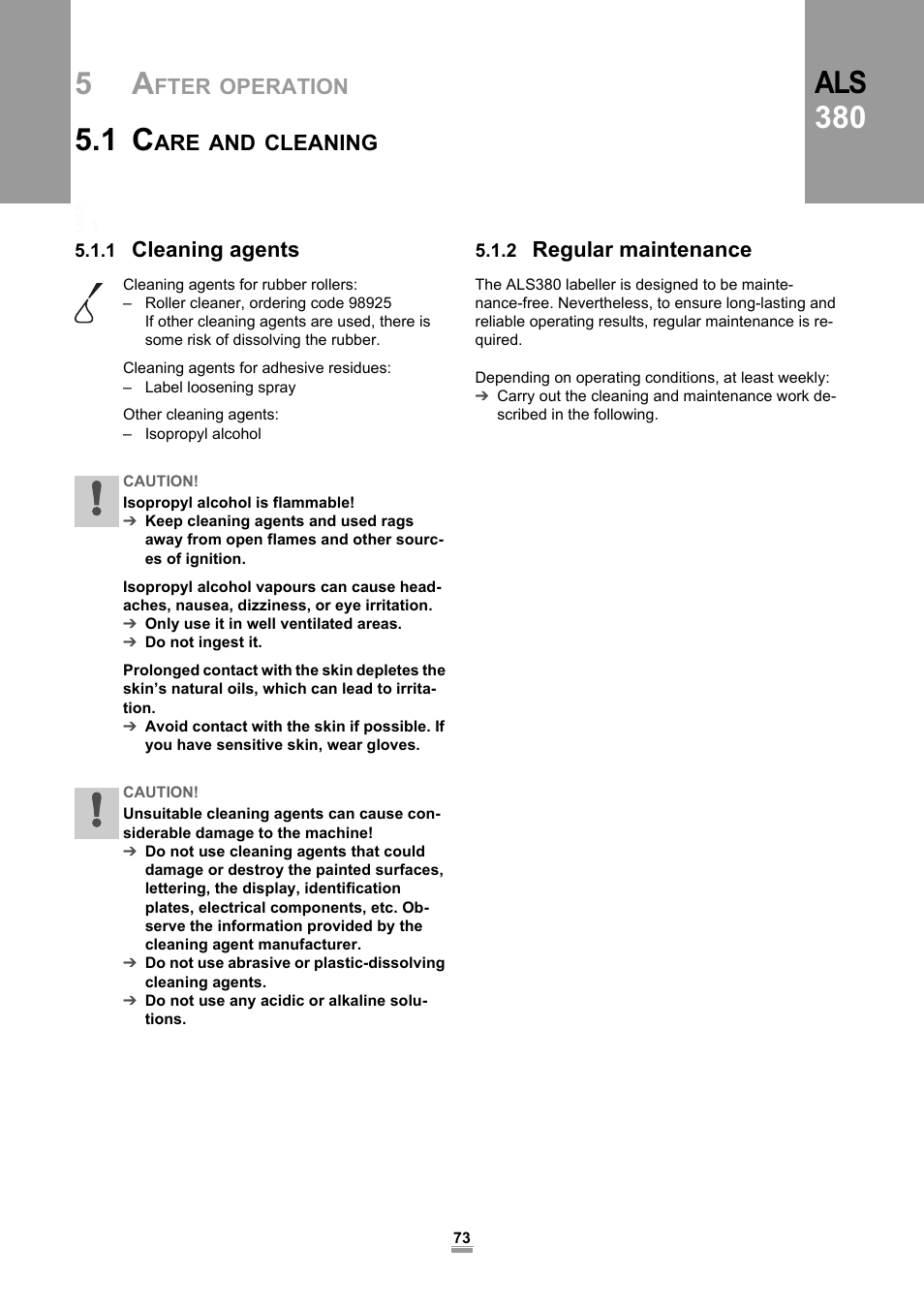 5 after operation, 1 care and cleaning, 1 cleaning agents | 2 regular maintenance, 5 after, Operation, 1 cleaning agents 5.1.2 regular maintenance, Als 380, Fter, Cleaning | Avery Dennison ALS 380 User Manual | Page 75 / 90