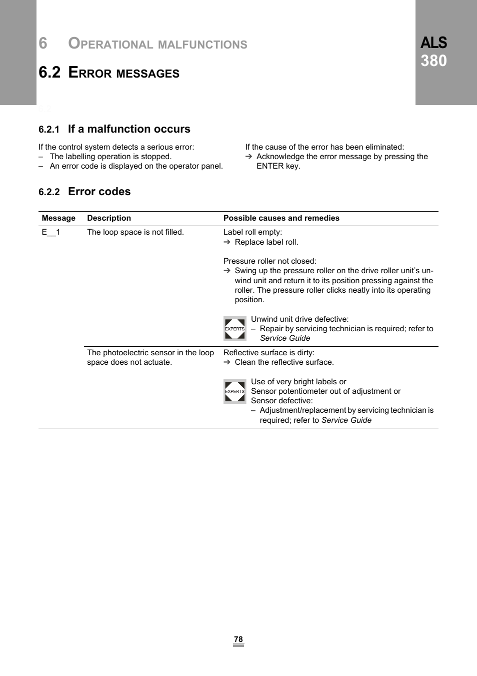 2 error messages, 1 if a malfunction occurs, 2 error codes | 1 if a malfunction occurs 6.2.2 error codes, Als 380 | Avery Dennison ALS 380 User Manual | Page 80 / 90