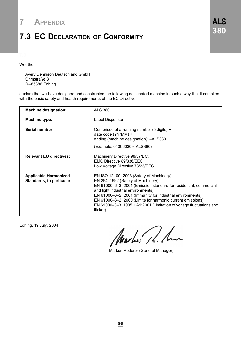 3 ec declaration of conformity, 3 ec, Declaration | Conformity, 3 ec d, Als 380 | Avery Dennison ALS 380 User Manual | Page 88 / 90