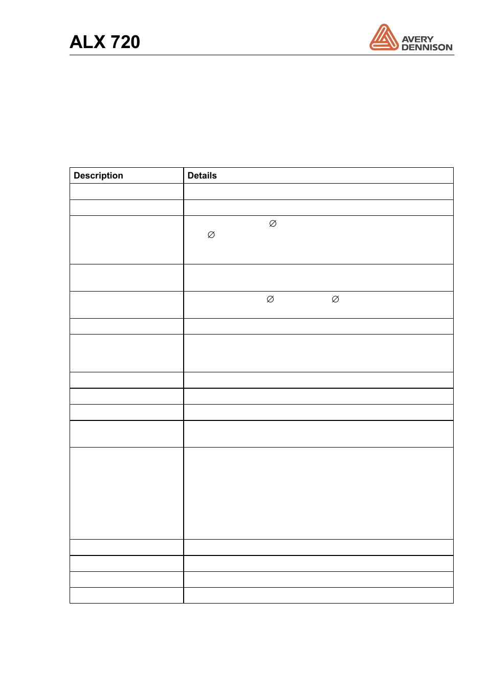 11 technical specification, Technical specification, Alx 720 | Avery Dennison ALX 720 User Manual | Page 117 / 124