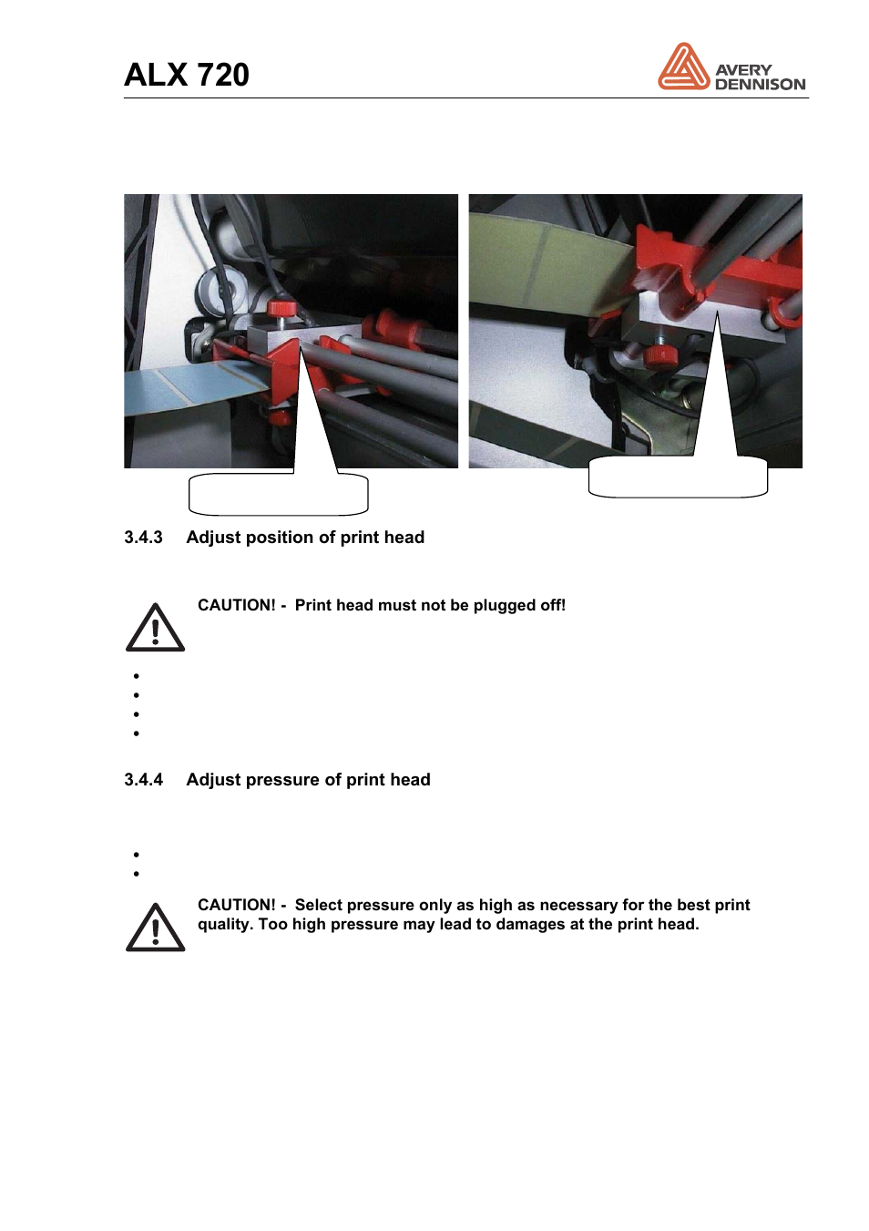 Adjust position of print head, Adjust pressure of print head, Alx 720 | Avery Dennison ALX 720 User Manual | Page 23 / 124