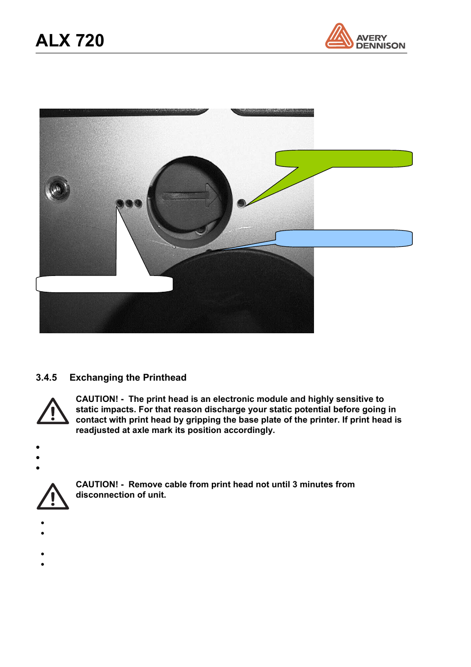 Exchanging the printhead, Alx 720, Operators manual | 5 exchanging the printhead | Avery Dennison ALX 720 User Manual | Page 24 / 124