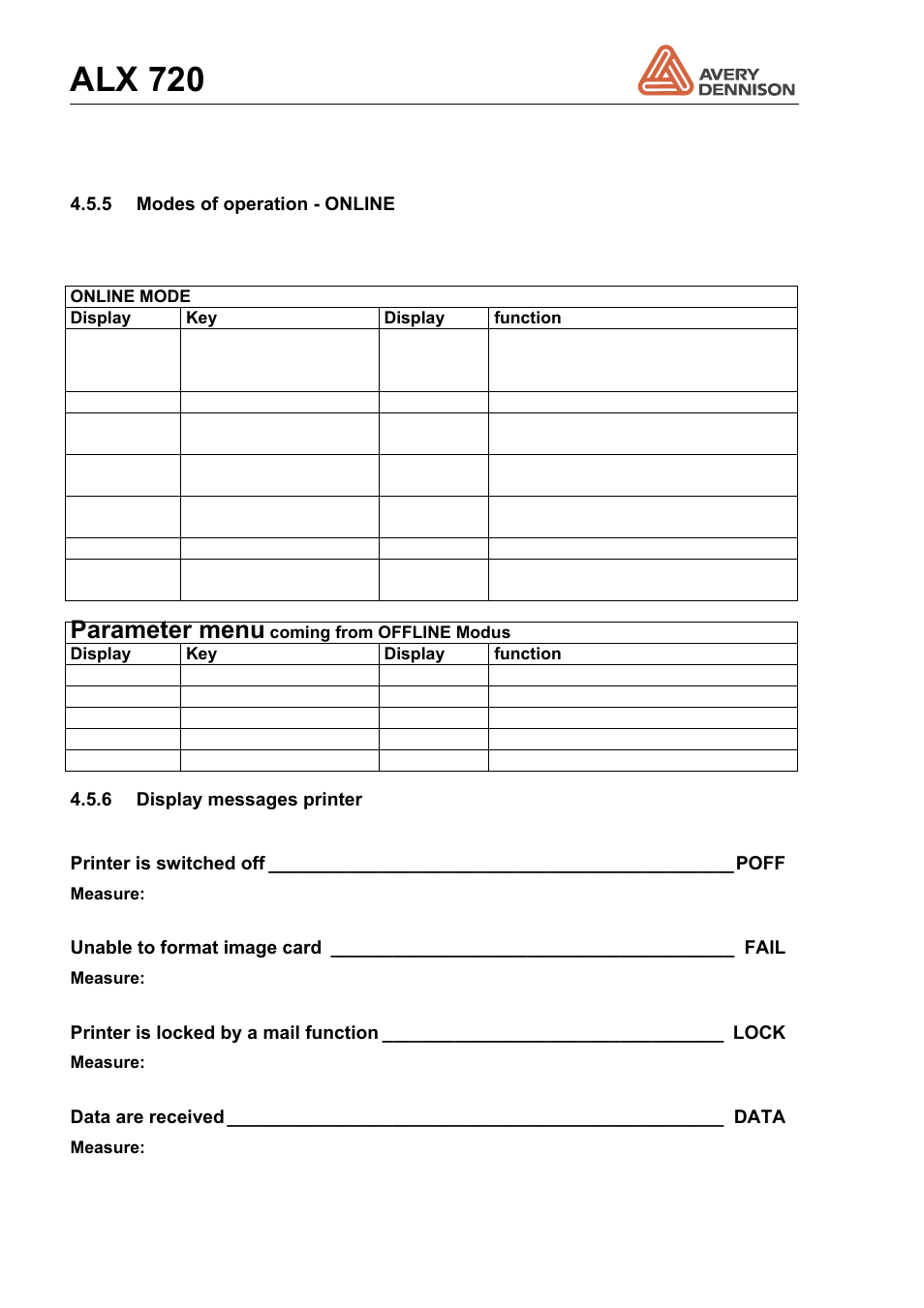 Modes of operation - online, Display messages printer, Alx 720 | Parameter menu | Avery Dennison ALX 720 User Manual | Page 38 / 124