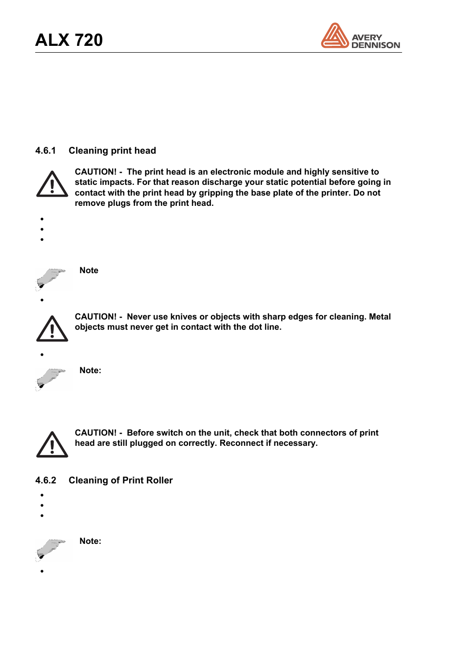 6 maintenance, Maintenance 4.6.1, Cleaning print head | Cleaning of print roller, Alx 720 | Avery Dennison ALX 720 User Manual | Page 40 / 124