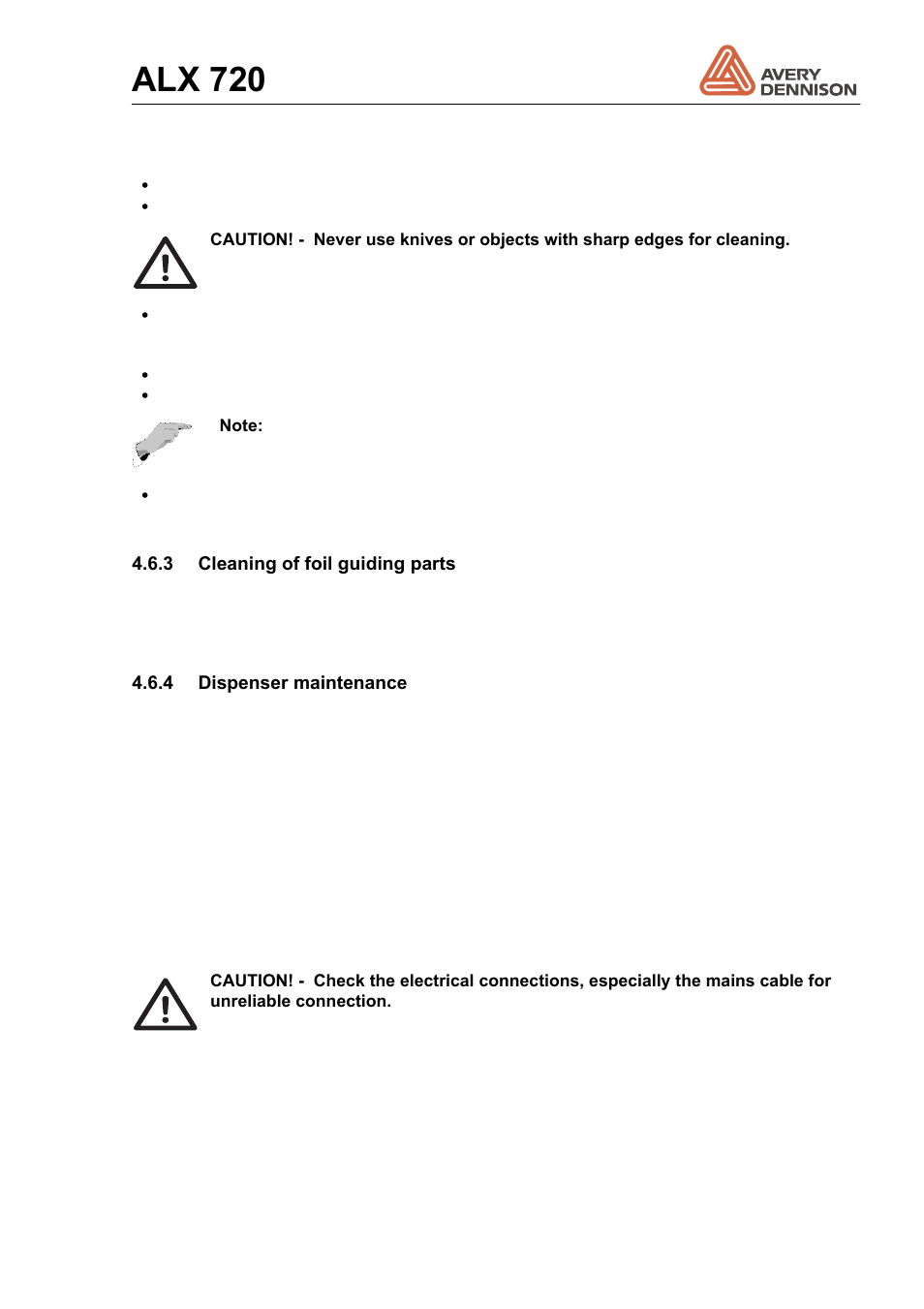 Cleaning of foil guiding parts, Dispenser maintenance, Alx 720 | Avery Dennison ALX 720 User Manual | Page 41 / 124
