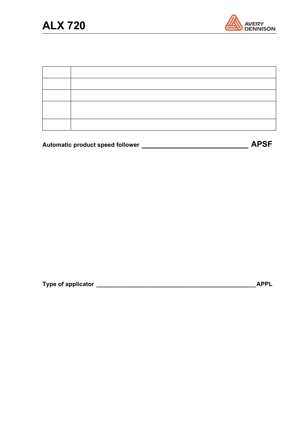 Alx 720, Apsf | Avery Dennison ALX 720 User Manual | Page 57 / 124