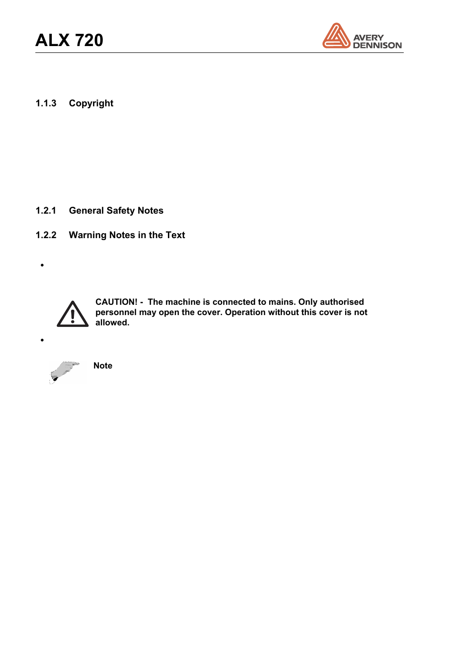2 safety, Copyright, Safety 1.2.1 | General safety notes, Warning notes in the text, Alx 720 | Avery Dennison ALX 720 User Manual | Page 8 / 124