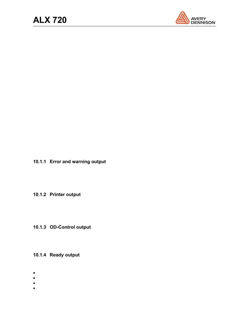 10 connections and signals, 1 output signals, Connections and signals | Output signals 10.1.1, Error and warning output, Printer output, Od-control output, Ready output, Alx 720 | Avery Dennison ALX 720 User Manual | Page 99 / 124