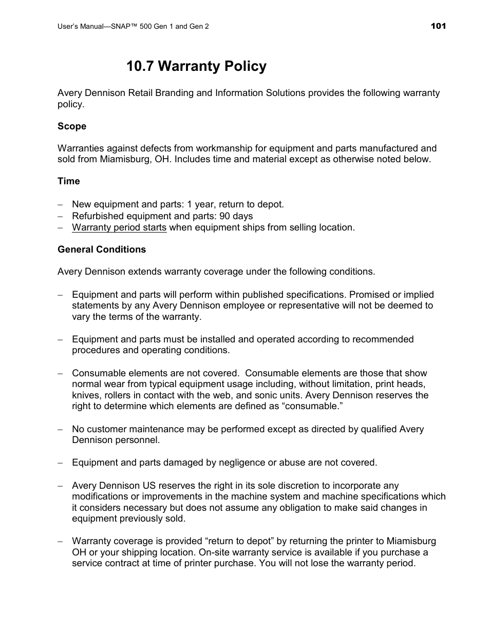 7 warranty policy | Avery Dennison SNAP 500 User Manual | Page 101 / 136