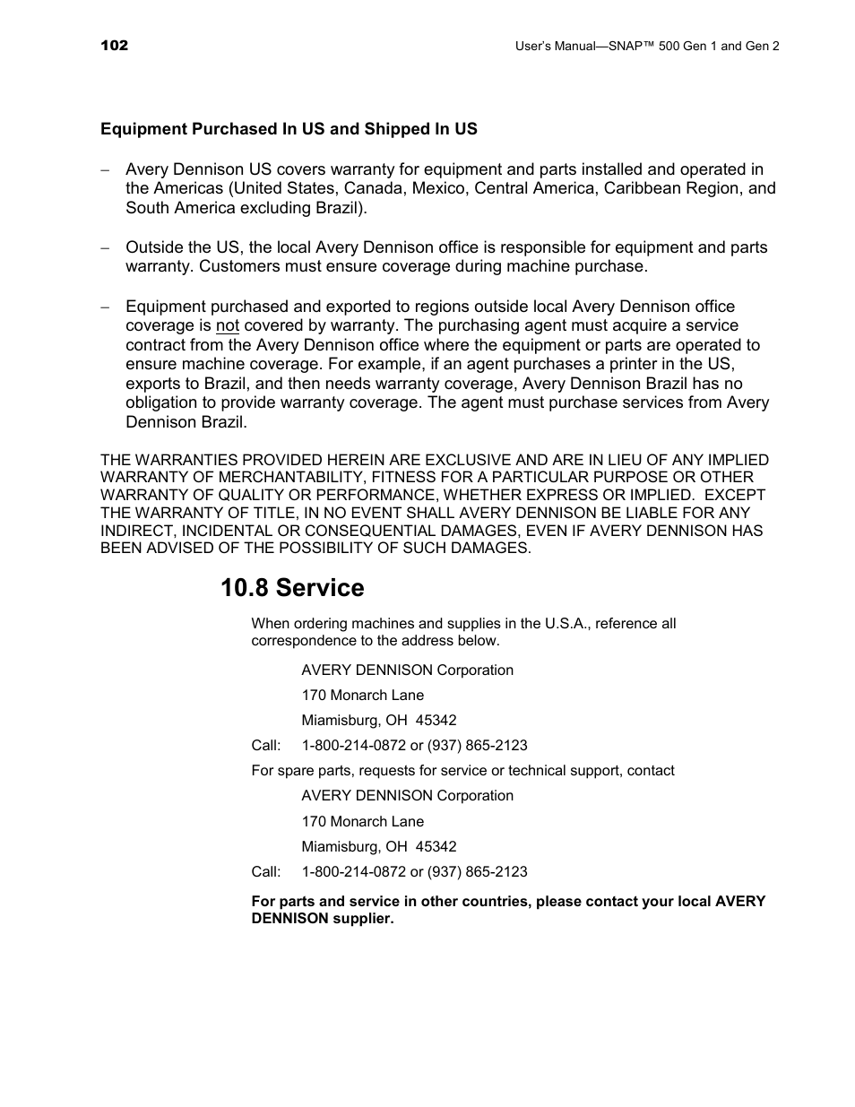 8 service | Avery Dennison SNAP 500 User Manual | Page 102 / 136