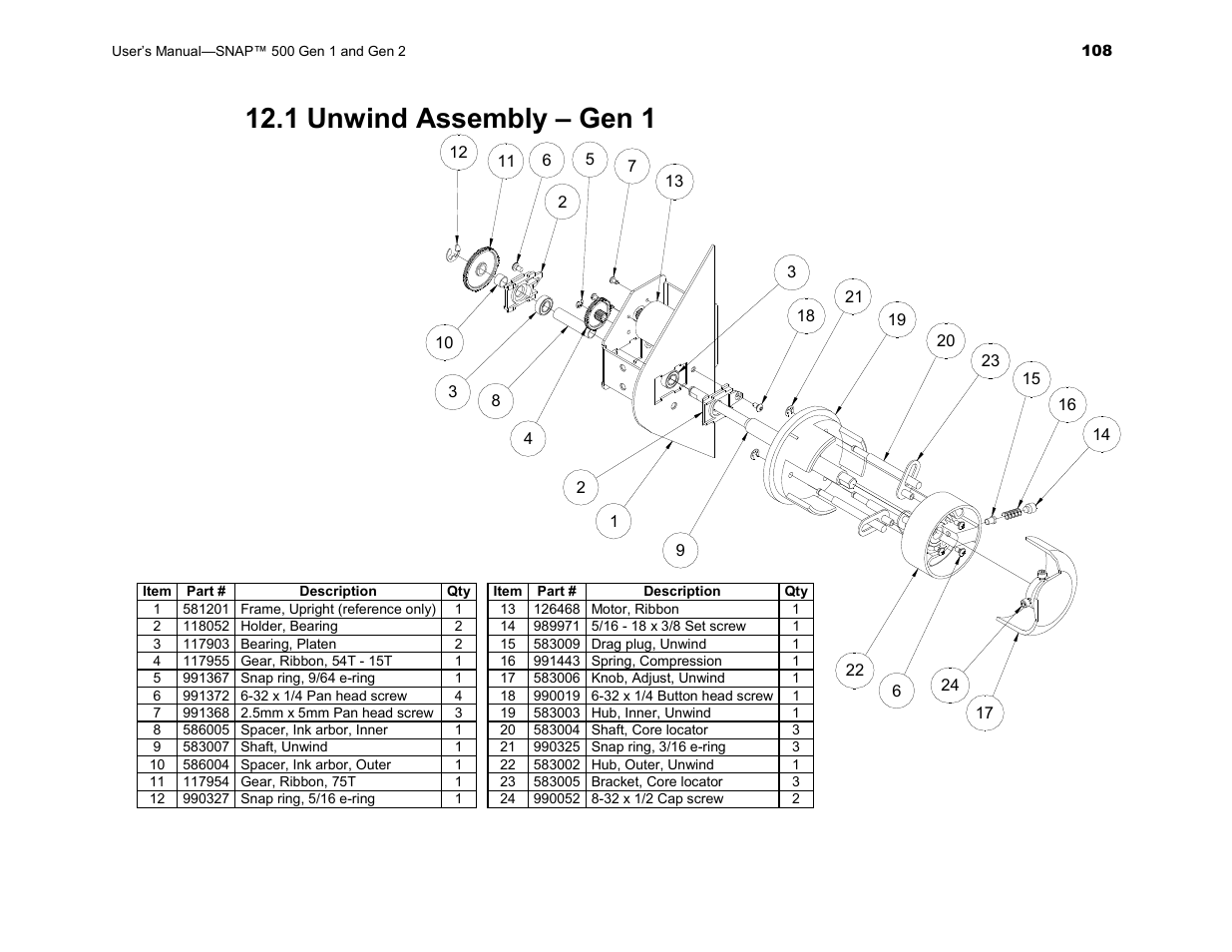 1 unwind assembly – gen 1 | Avery Dennison SNAP 500 User Manual | Page 108 / 136