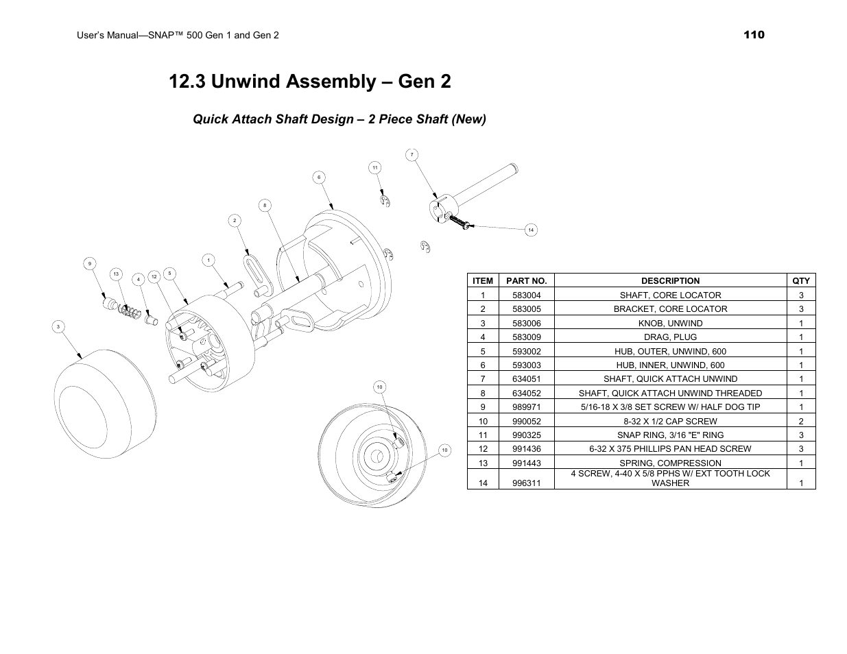 3 unwind assembly – gen 2, Quick attach shaft design – 2 piece shaft (new) | Avery Dennison SNAP 500 User Manual | Page 110 / 136