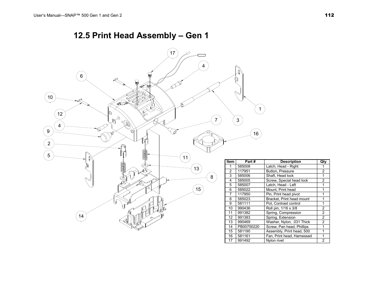 5 print head assembly – gen 1 | Avery Dennison SNAP 500 User Manual | Page 112 / 136