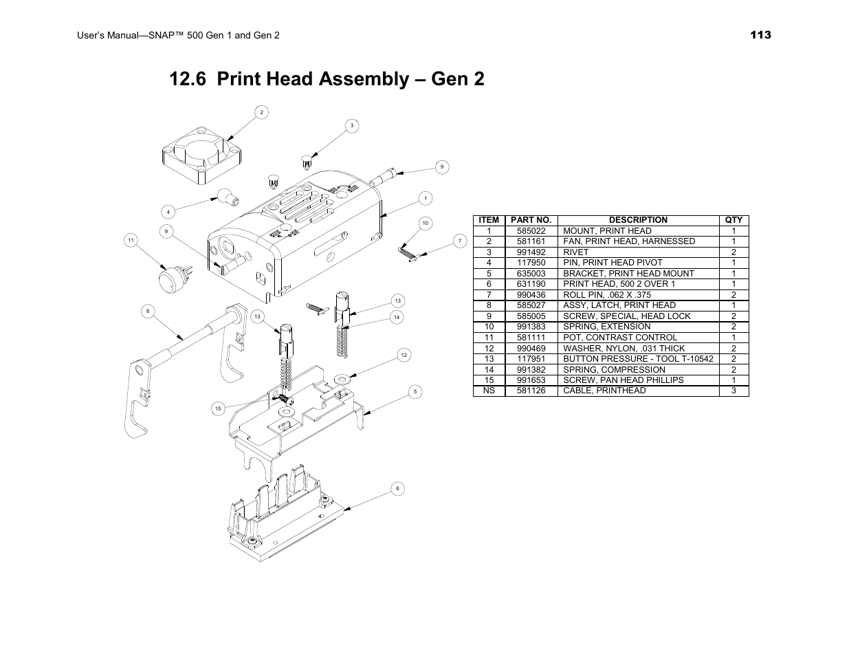 6 print head assembly – gen 2 | Avery Dennison SNAP 500 User Manual | Page 113 / 136