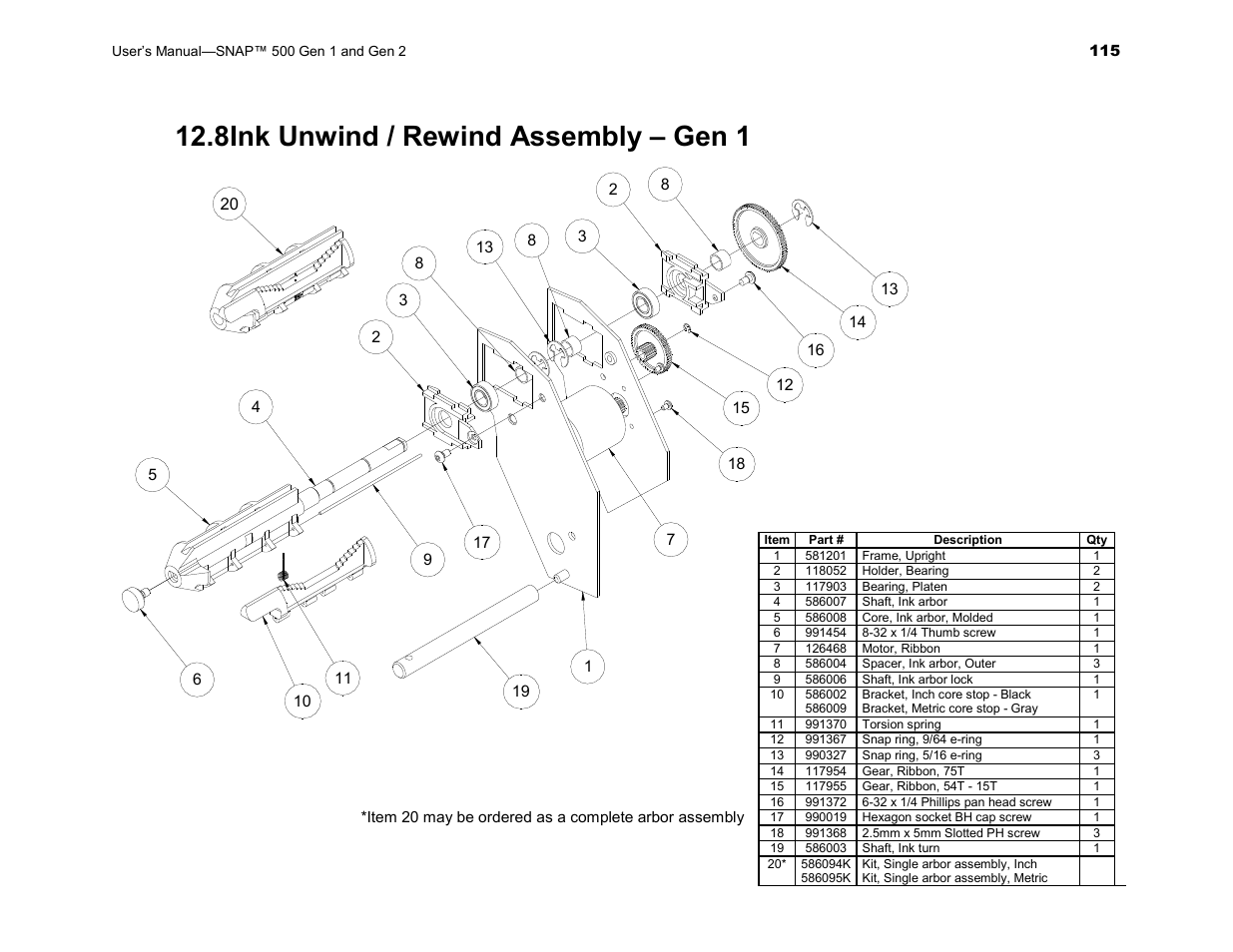 8ink unwind / rewind assembly – gen 1 | Avery Dennison SNAP 500 User Manual | Page 115 / 136