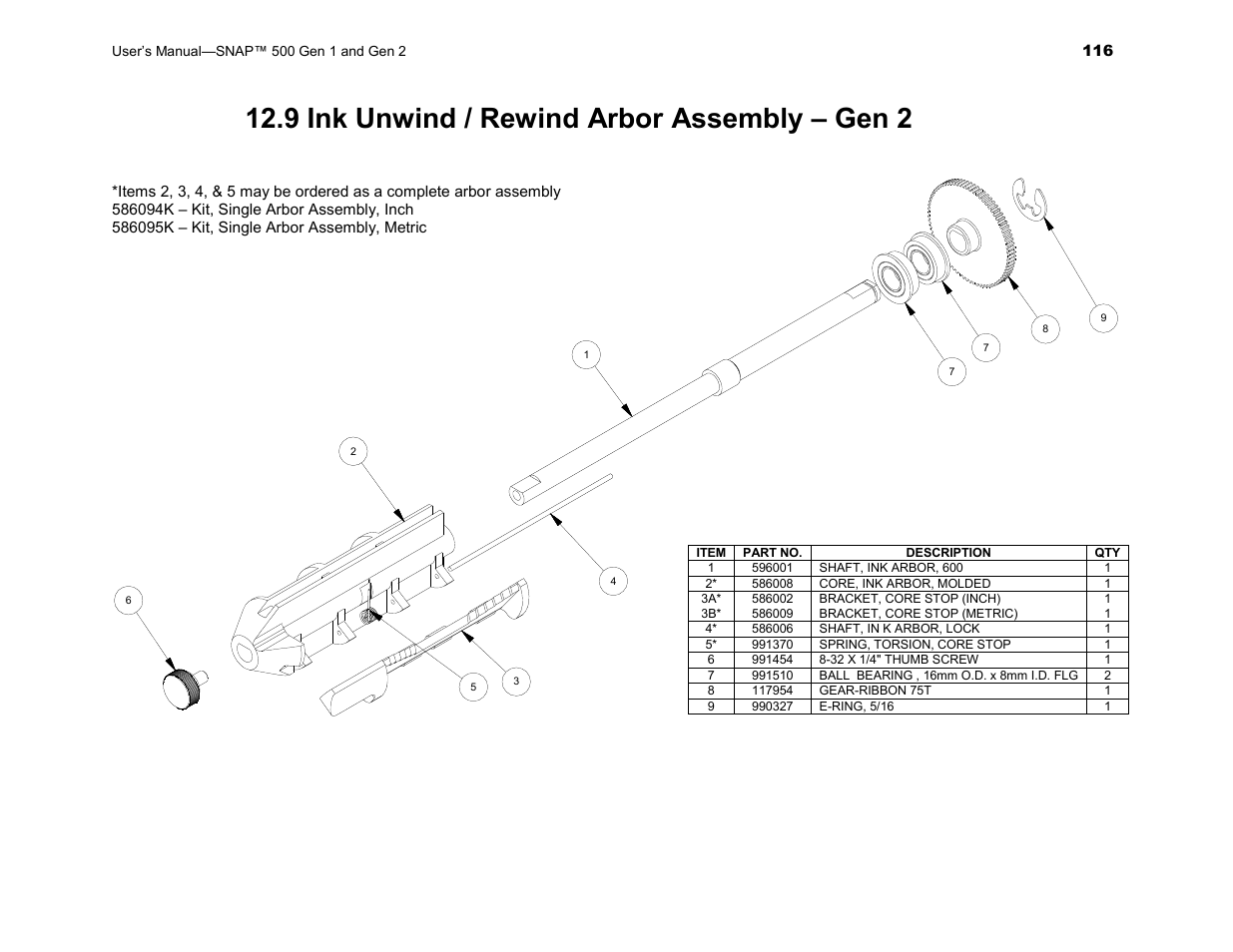 9 ink unwind / rewind arbor assembly – gen 2 | Avery Dennison SNAP 500 User Manual | Page 116 / 136