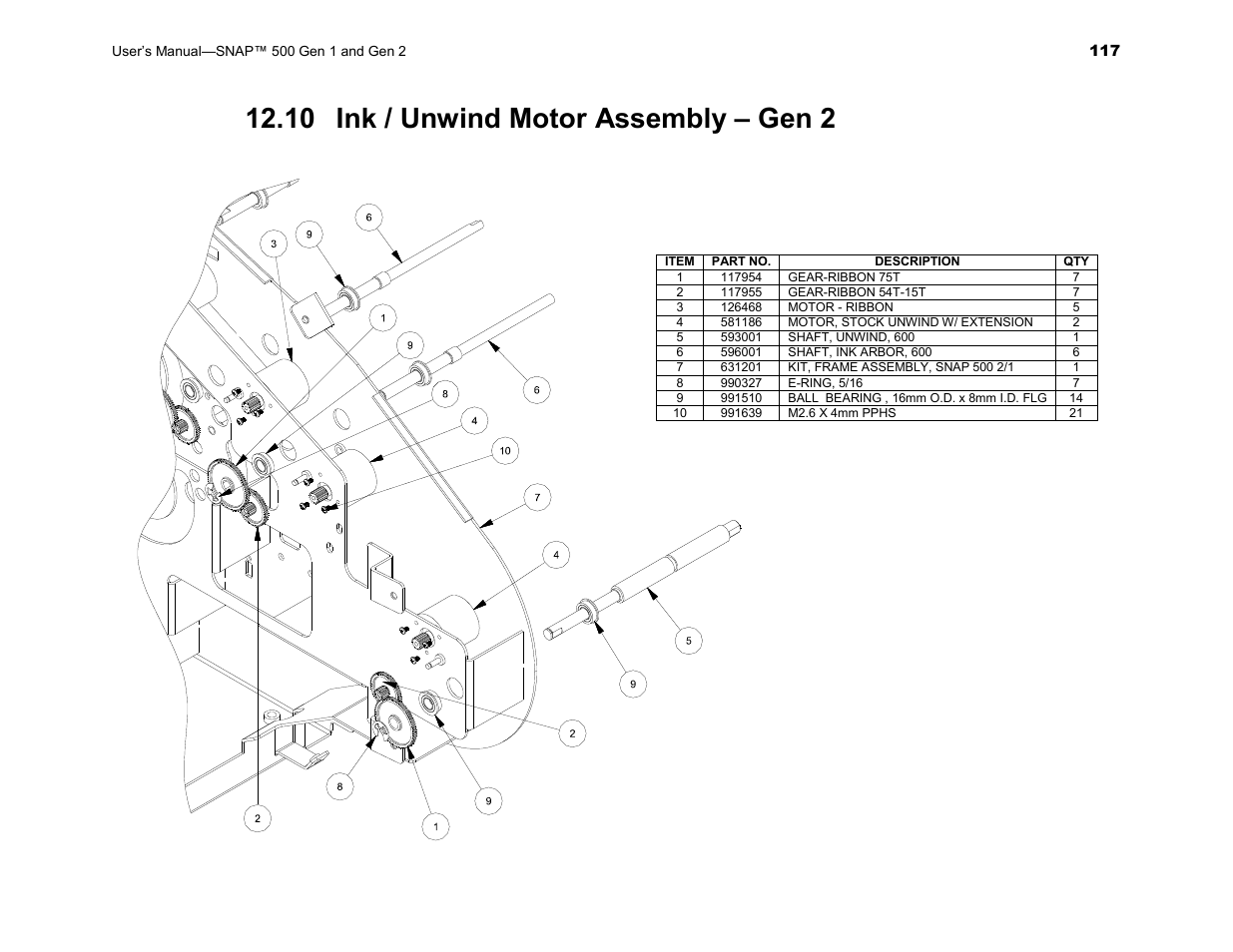 10 ink / unwind motor assembly – gen 2 | Avery Dennison SNAP 500 User Manual | Page 117 / 136