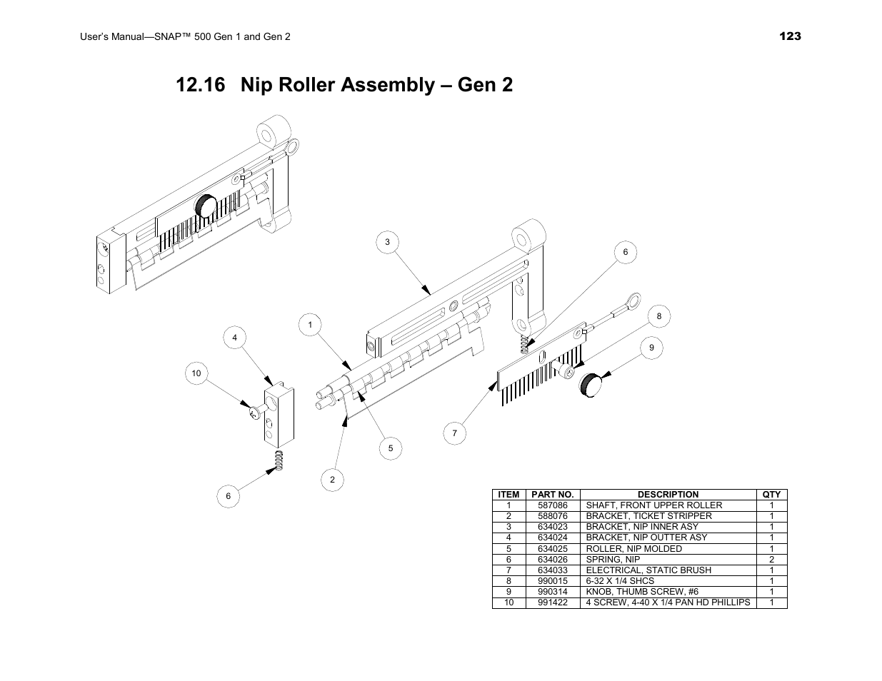 16 nip roller assembly – gen 2 | Avery Dennison SNAP 500 User Manual | Page 123 / 136