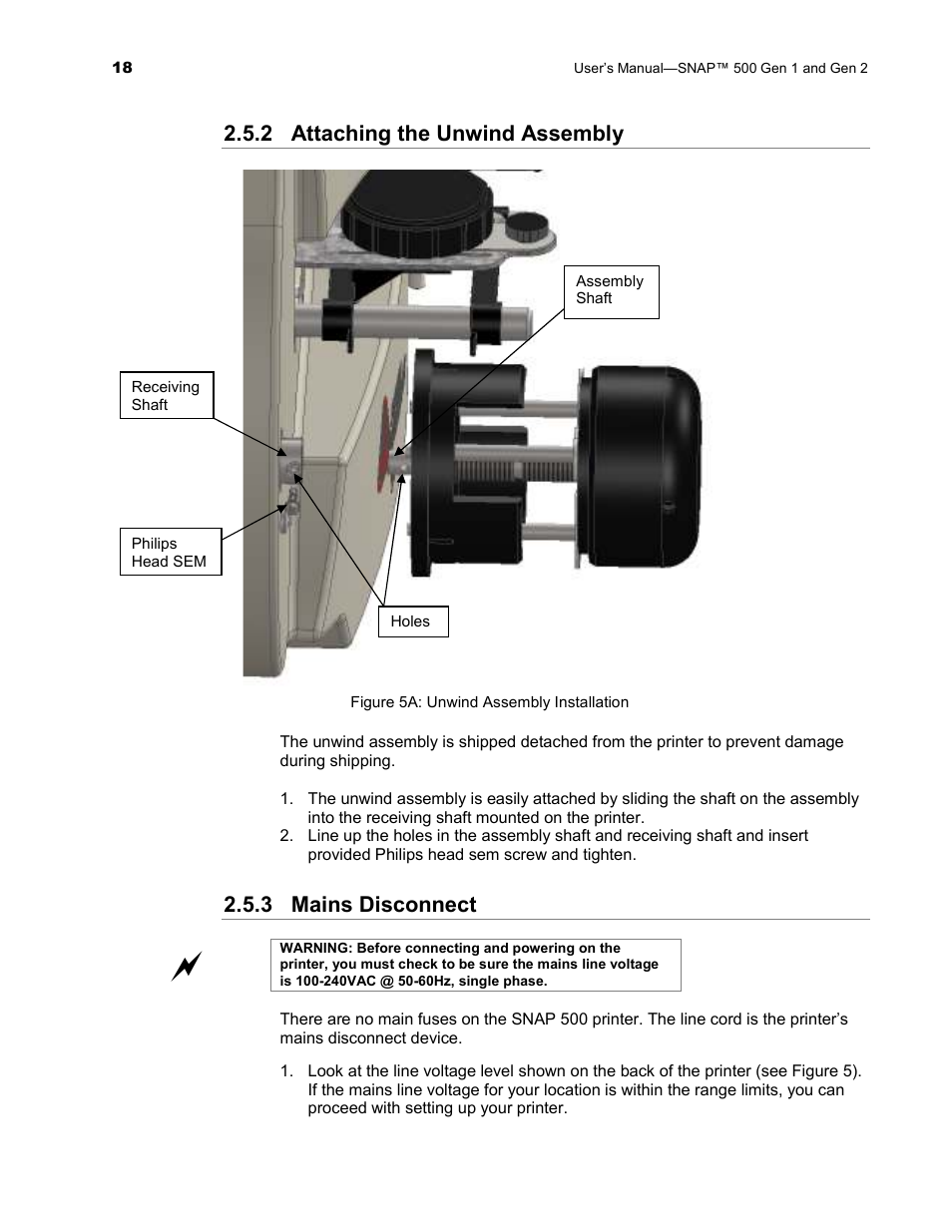 2 attaching the unwind assembly, 3 mains disconnect | Avery Dennison SNAP 500 User Manual | Page 18 / 136