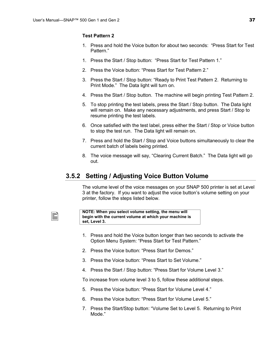 2 setting / adjusting voice button volume | Avery Dennison SNAP 500 User Manual | Page 37 / 136