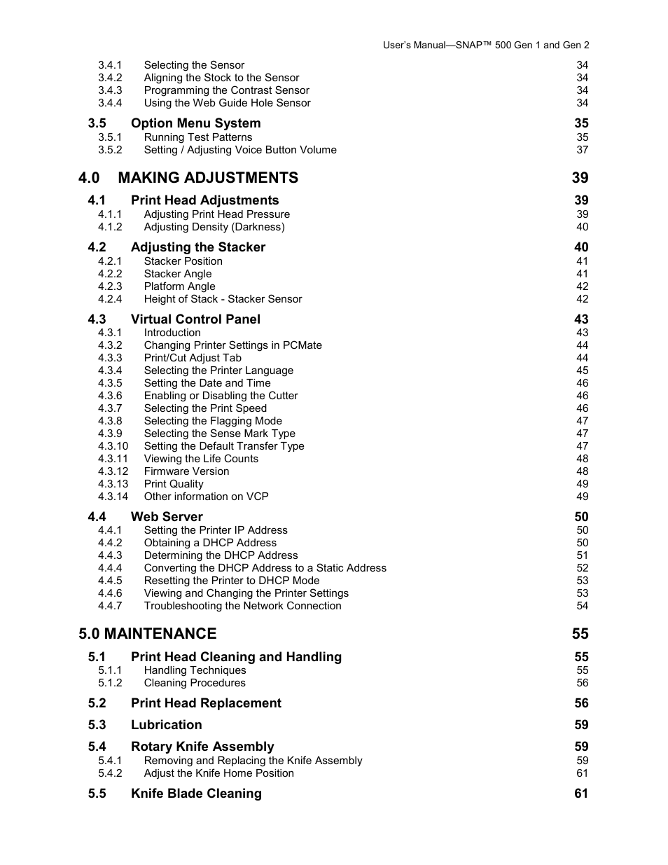 Making adjustments 39, 0 maintenance 55 | Avery Dennison SNAP 500 User Manual | Page 4 / 136