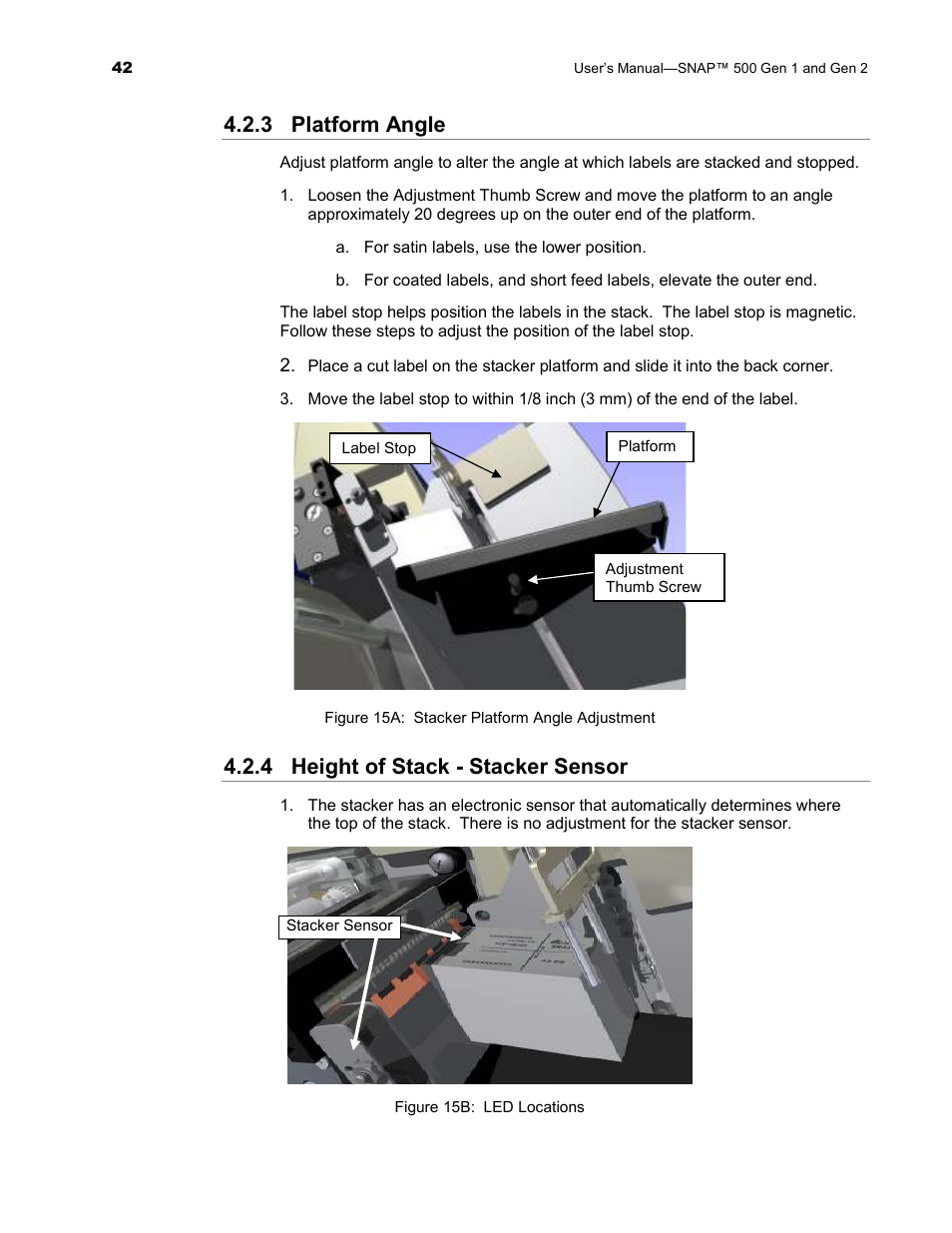 3 platform angle, 4 height of stack - stacker sensor | Avery Dennison SNAP 500 User Manual | Page 42 / 136