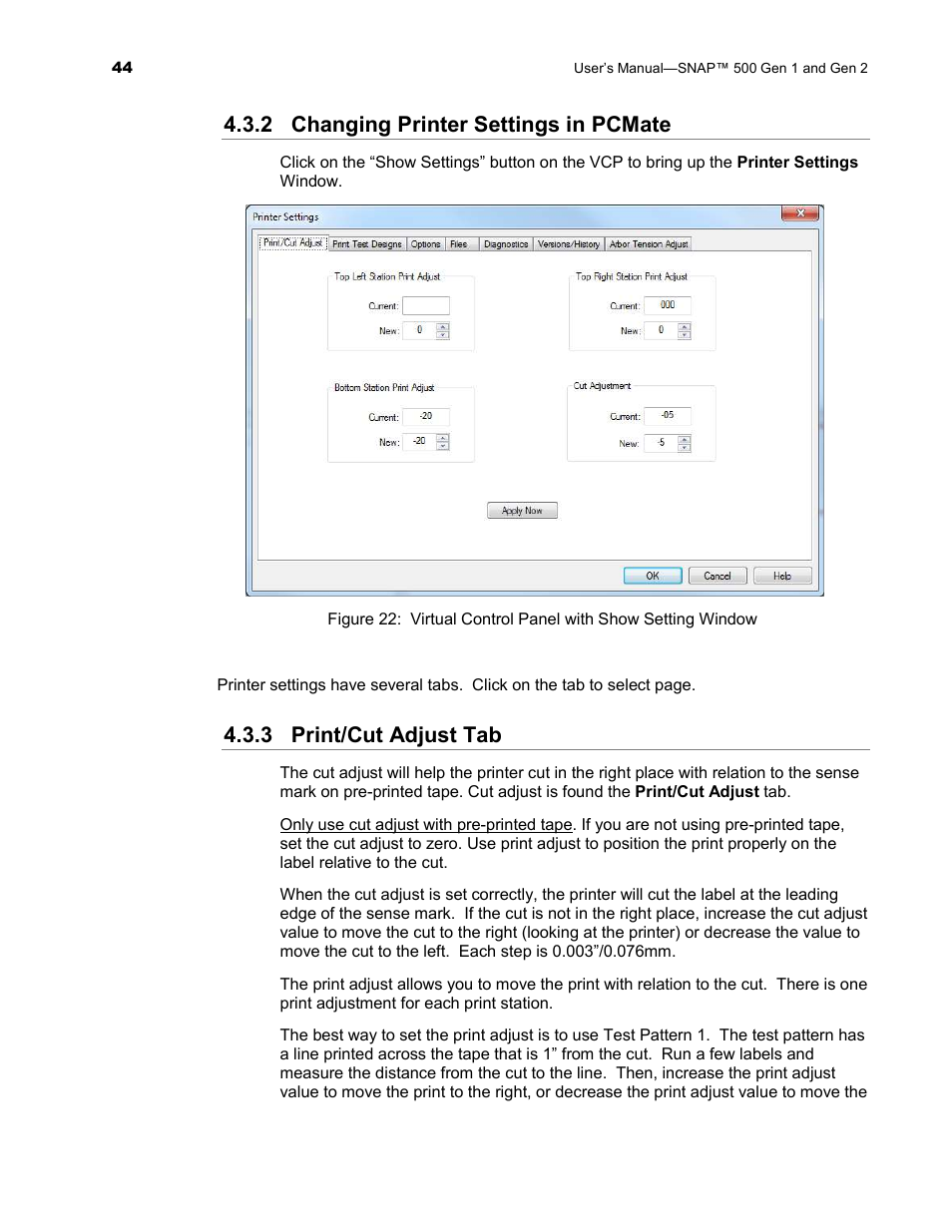 2 changing printer settings in pcmate, 3 print/cut adjust tab | Avery Dennison SNAP 500 User Manual | Page 44 / 136