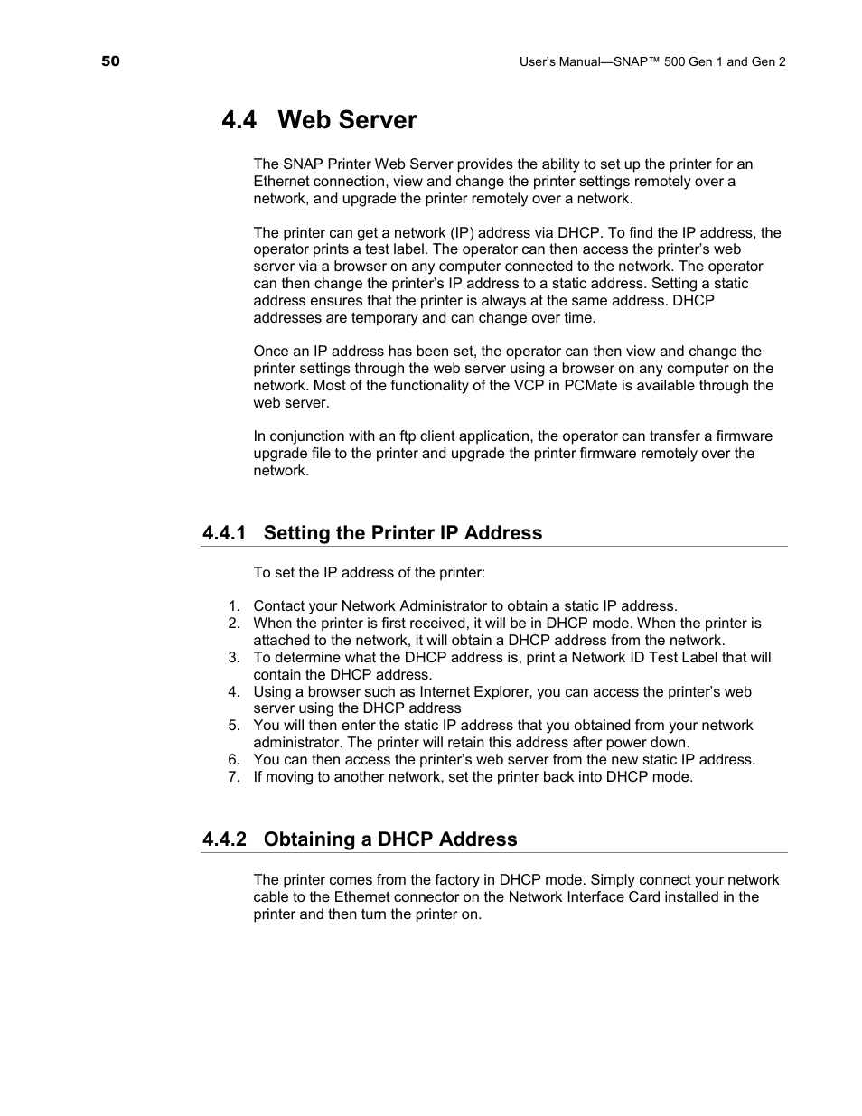 4 web server, 1 setting the printer ip address, 2 obtaining a dhcp address | Avery Dennison SNAP 500 User Manual | Page 50 / 136
